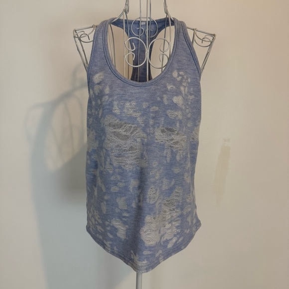 ALO Yoga Tops - Alo Yoga Tank Top Blue White Clouds Racerback Sheer Distressed Weathered SZ S